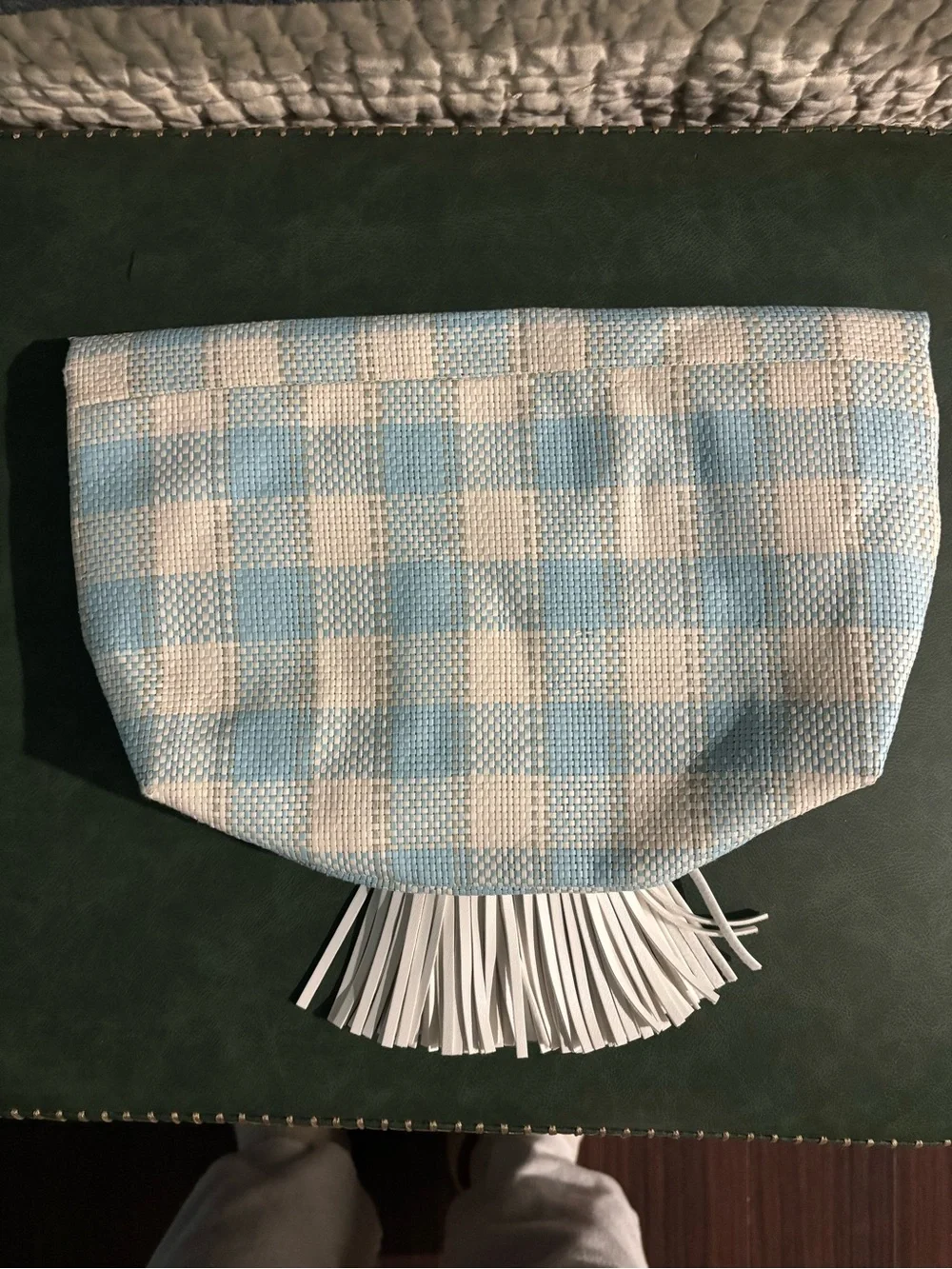Anthropologie Light Blue and White Check Tassel Clutch with Wooden Beads